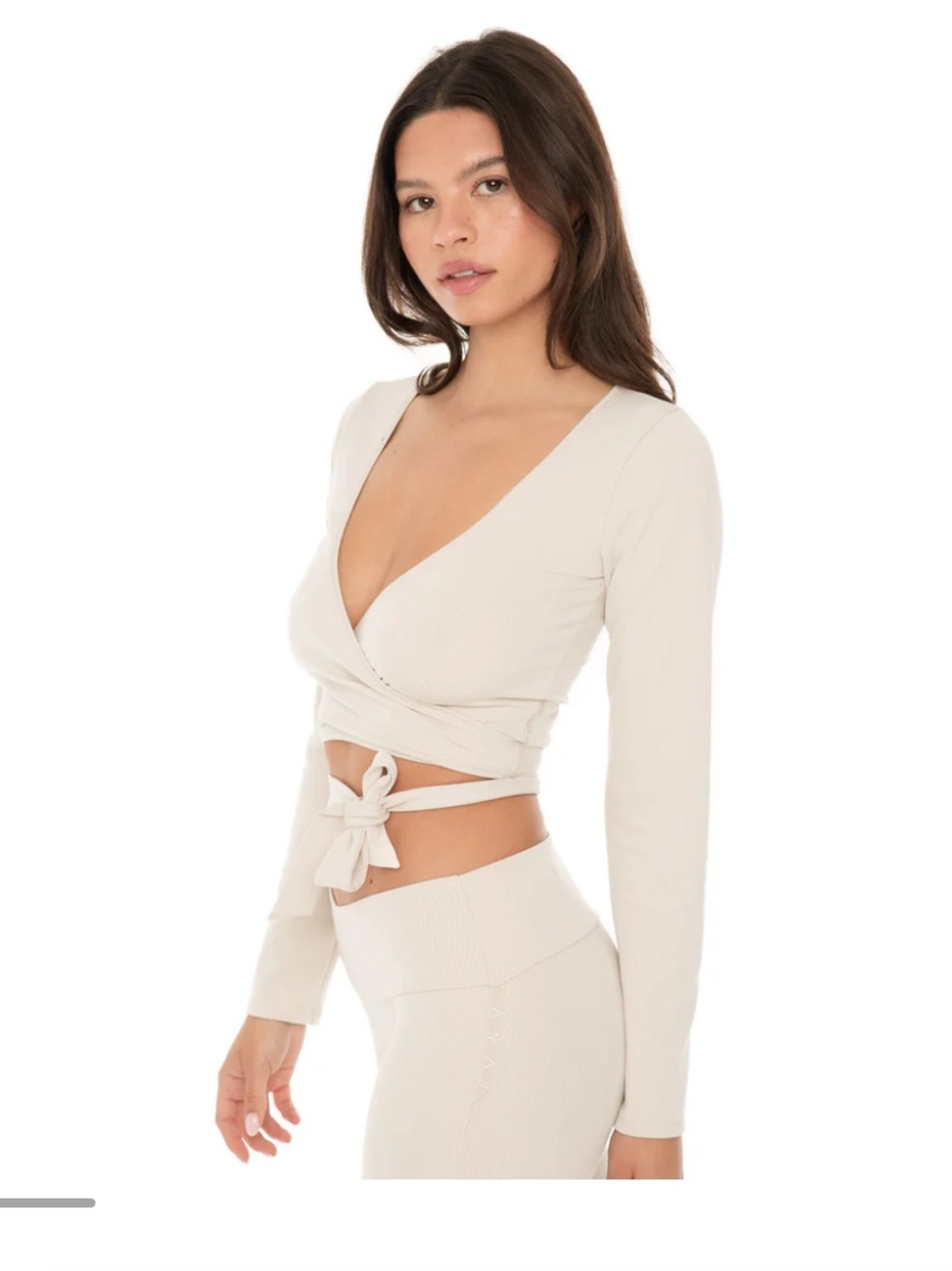 ARE YOU AM I Wrap Tie Long-Sleeve Crop Top - Cream